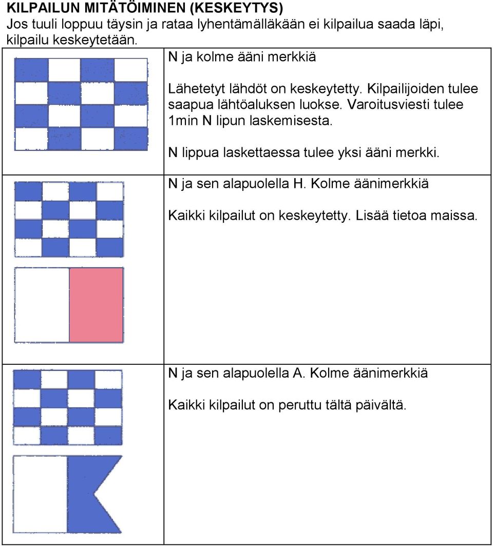 Varoitusviesti tulee 1min N lipun laskemisesta. N lippua laskettaessa tulee yksi ääni merkki. N ja sen alapuolella H.