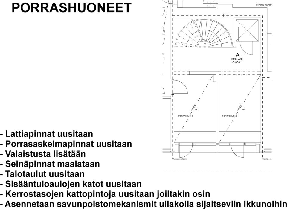 Porrasaskelmapinnat uusitaan Valaistusta lisätään Seinäpinnat maalataan Talotaulut uusitaan