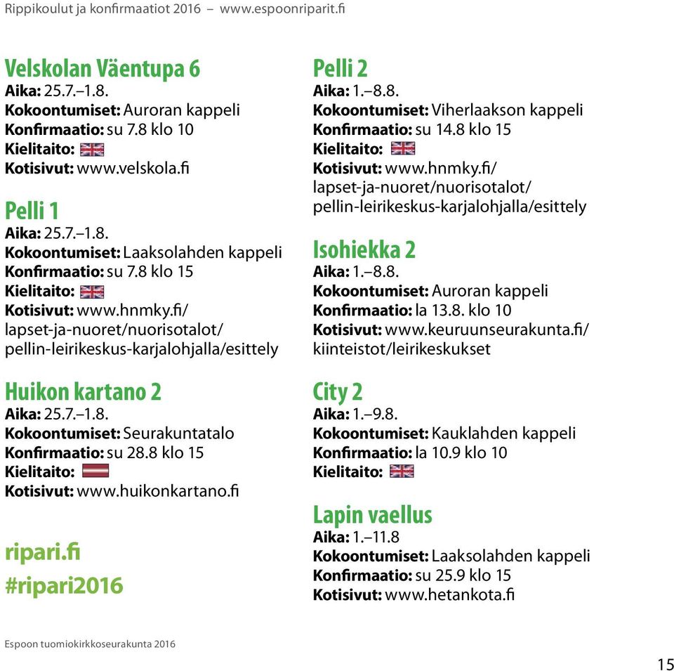 8 klo 15 Kotisivut: www.huikonkartano.fi ripari.fi #ripari2016 Pelli 2 Aika: 1. 8.8. Kokoontumiset: Viherlaakson kappeli Konfirmaatio: su 14.8 klo 15 Kotisivut: www.hnmky.