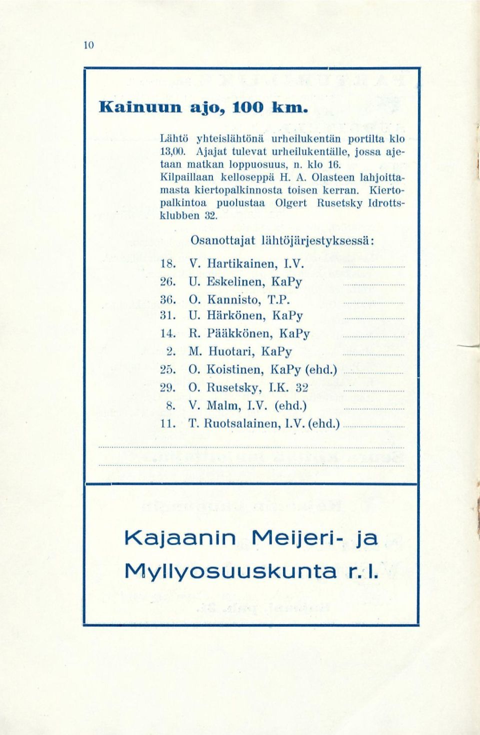 Osanottajat lähtöjärjestyksessä: 18. V. Hartikainen, I.V. 26. U. Eskelinen, KaPy 36. O. Kannisto, T.P. 81. U. Härkönen, KaPy 14. R. Pääkkönen, KaPy 2. M.