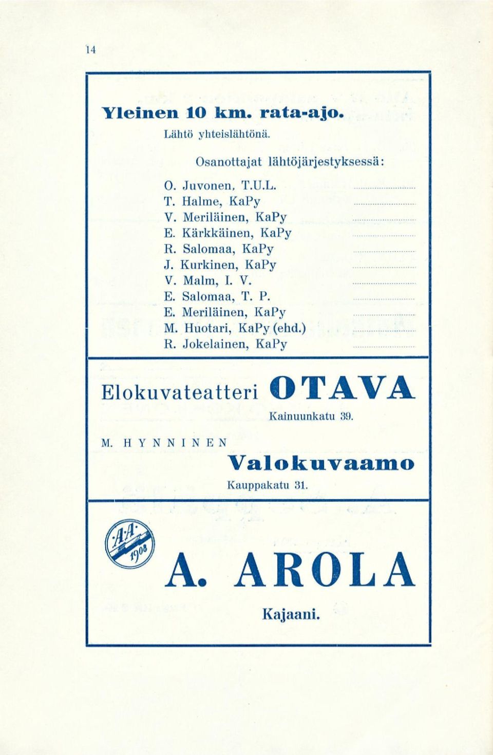 Kurkinen, KaPy V. Malm, I. V. E. Salomaa, T. P. E. Meriläinen, KaPy M. Huotari, KaPy (ehd.) R.