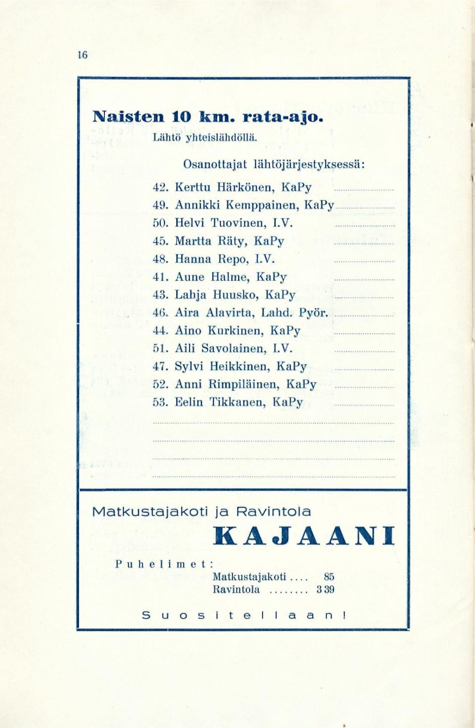 Lahja Huusko, KaPy 4(>. Aira Alavirta, Lahd. Pyör. 44. Aino Kurkinen, KaPy 51. Aili Savolainen, I.V. 47.