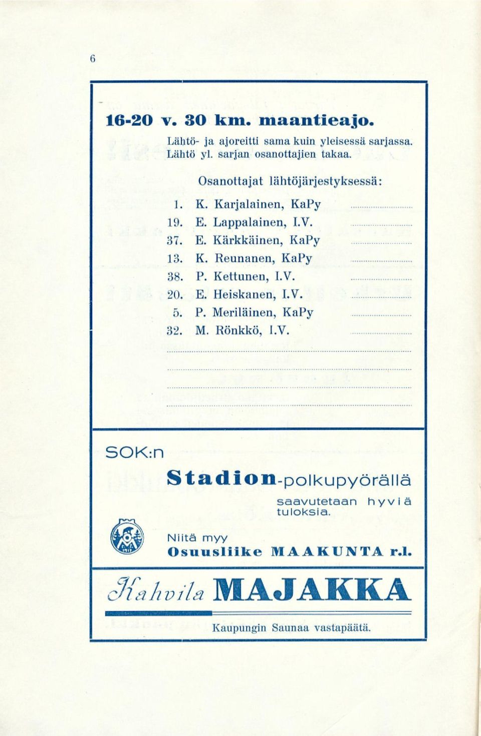 P. Kettunen, I.V. 20. E. Heiskanen, I.V. 5. P. Meriläinen, KaPy 32. M. Rönkkö, I.V. SOK:n Stadion-polkupyörällä saavutetaan tuloksia.