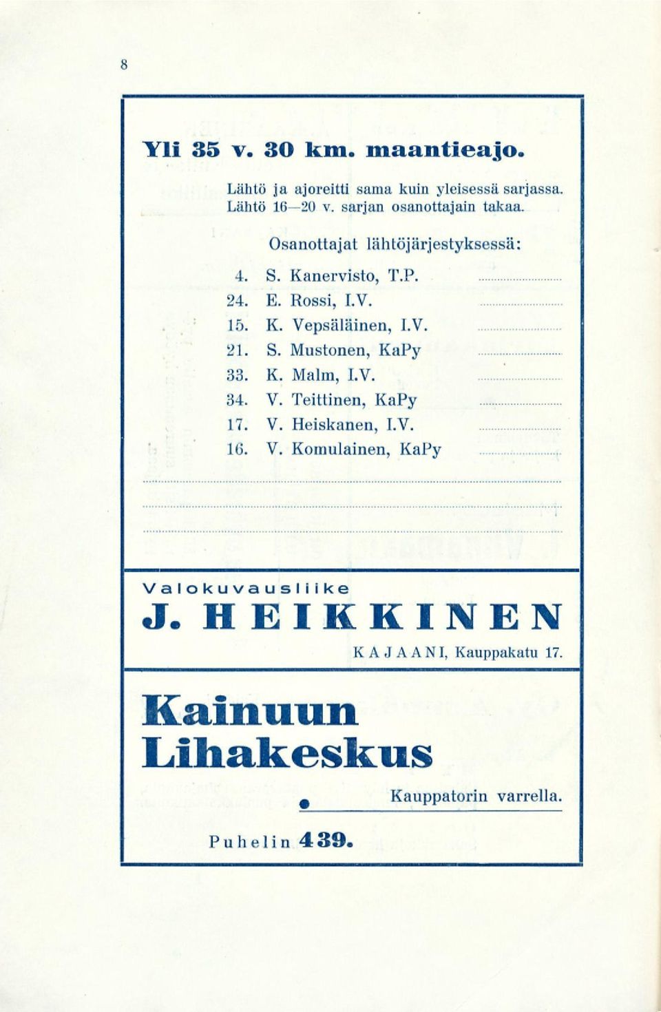V. 21. S. Mustonen, KaPy 33. K. Malm, LV. 34. V. Teittinen, KaPy 17. V. Heiskanen, I.V. 16. V. Komulainen, KaPy Valokuvausliike J.
