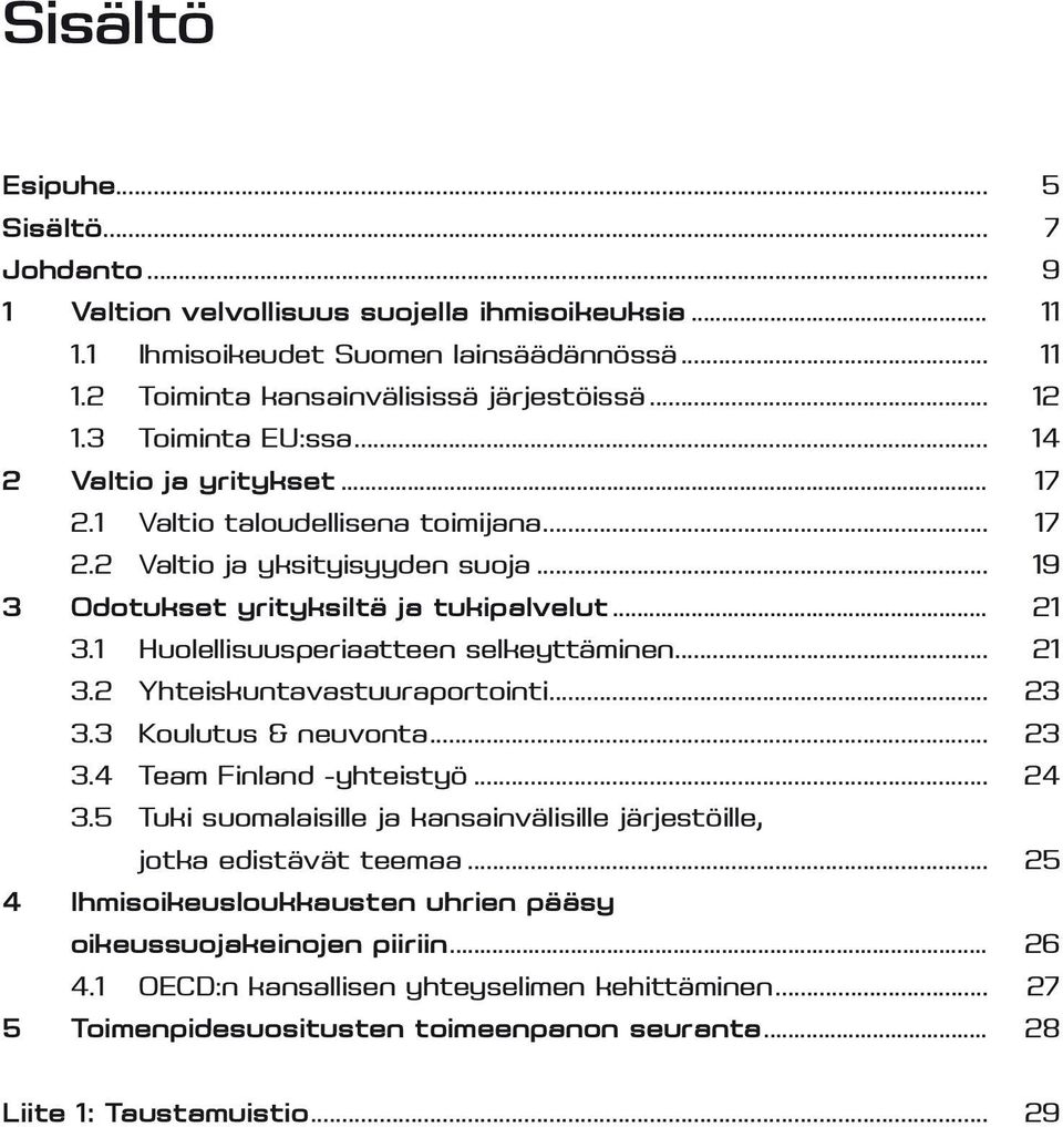 1 Huolellisuusperiaatteen selkeyttäminen... 21 3.2 Yhteiskuntavastuuraportointi... 23 3.3 Koulutus & neuvonta... 23 3.4 Team Finland -yhteistyö... 24 3.