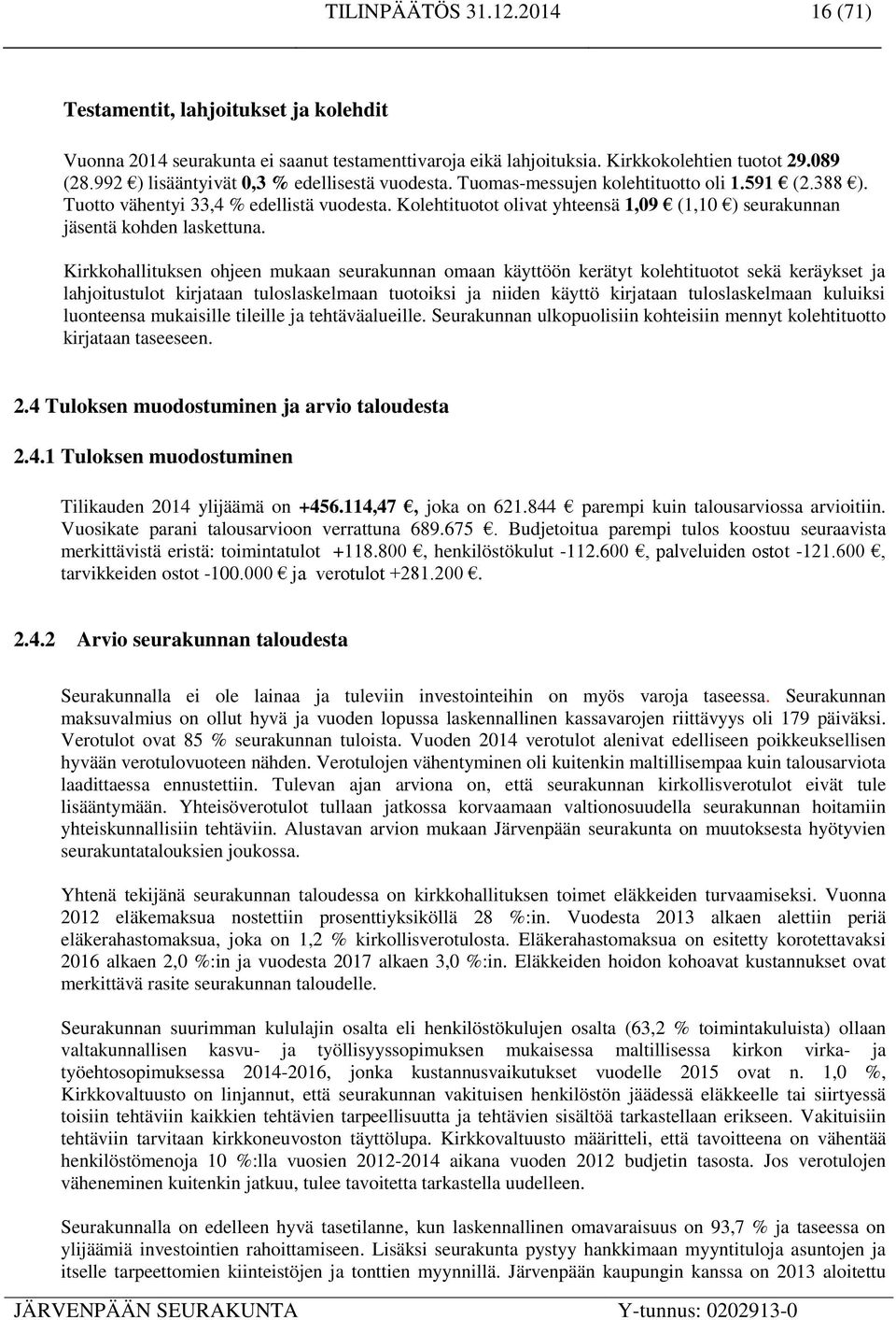 Kolehtituotot olivat yhteensä 1,09 (1,10 ) seurakunnan jäsentä kohden laskettuna.
