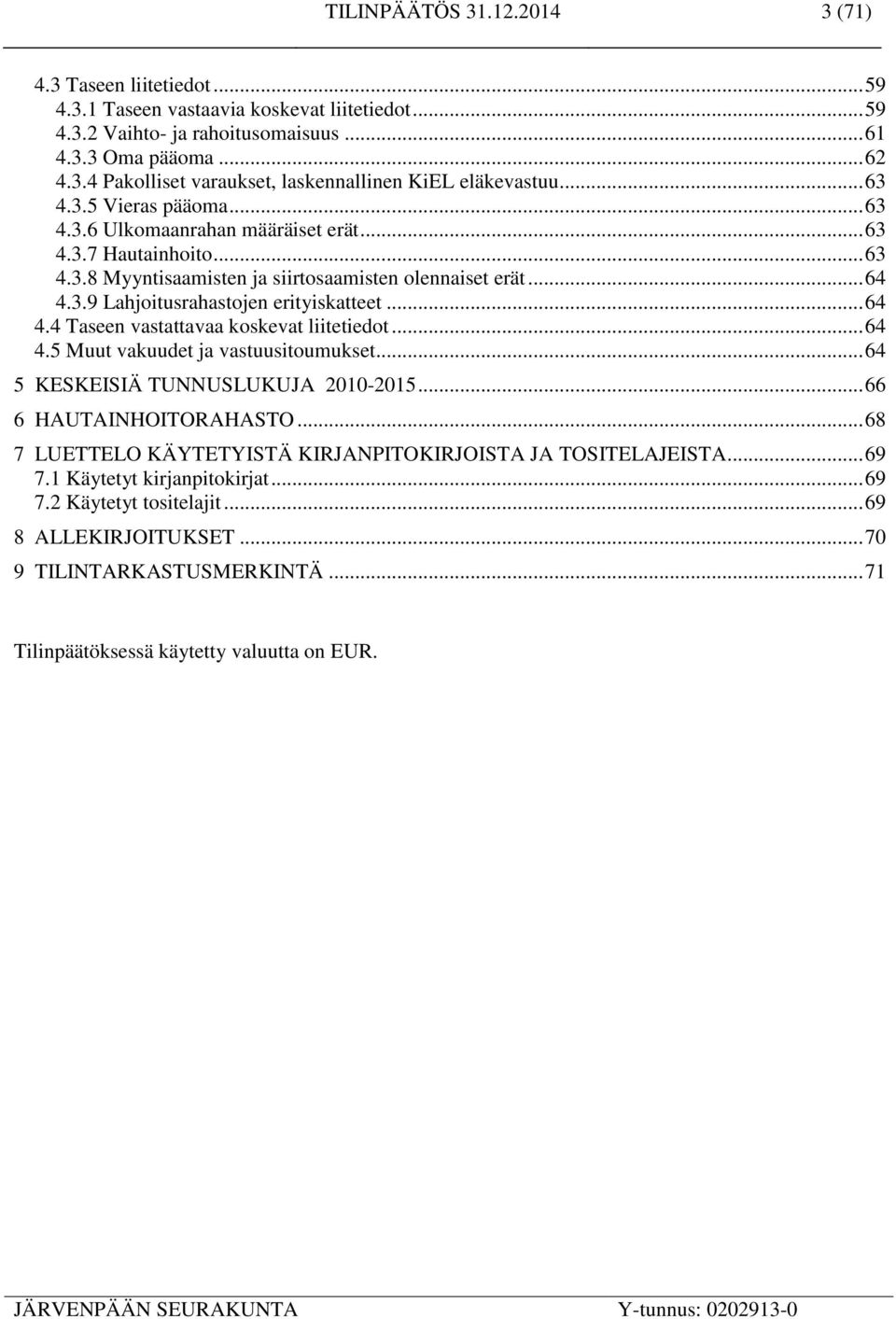 .. 64 4.4 Taseen vastattavaa koskevat liitetiedot... 64 4.5 Muut vakuudet ja vastuusitoumukset... 64 5 KESKEISIÄ TUNNUSLUKUJA 2010-2015... 66 6 HAUTAINHOITORAHASTO.