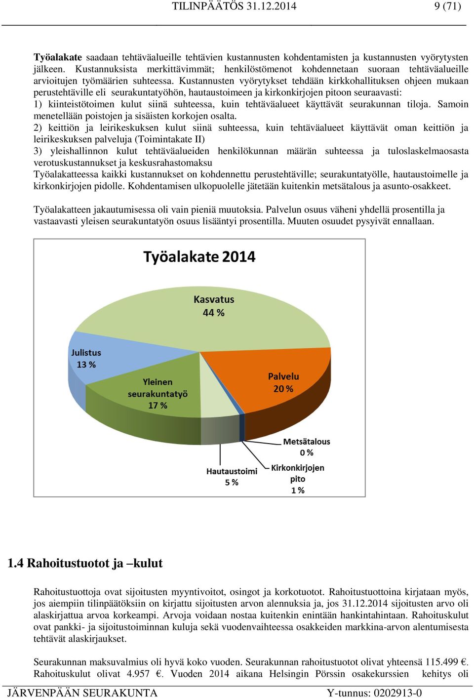 Kustannusten vyörytykset tehdään kirkkohallituksen ohjeen mukaan perustehtäville eli seurakuntatyöhön, hautaustoimeen ja kirkonkirjojen pitoon seuraavasti: 1) kiinteistötoimen kulut siinä suhteessa,