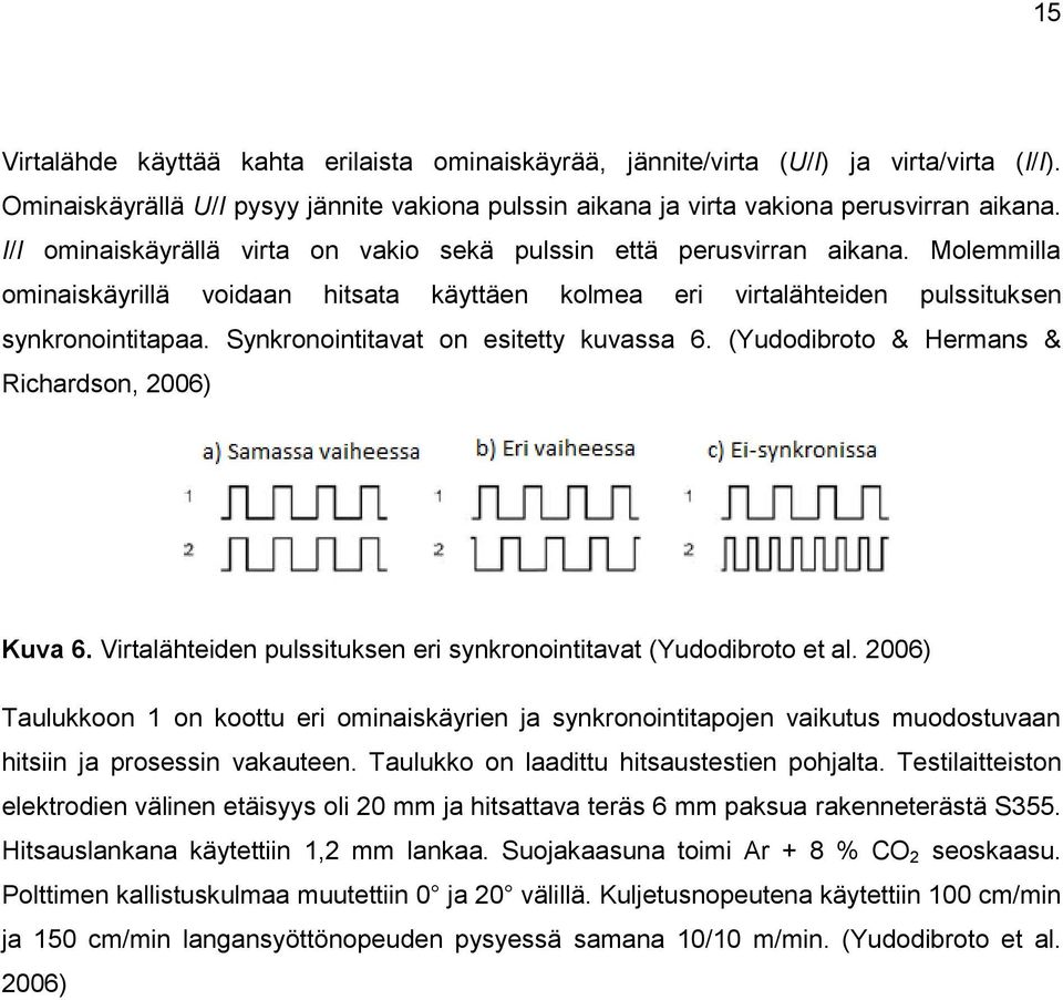 Synkronointitavat on esitetty kuvassa 6. (Yudodibroto & Hermans & Richardson, 2006) Kuva 6. Virtalähteiden pulssituksen eri synkronointitavat (Yudodibroto et al.