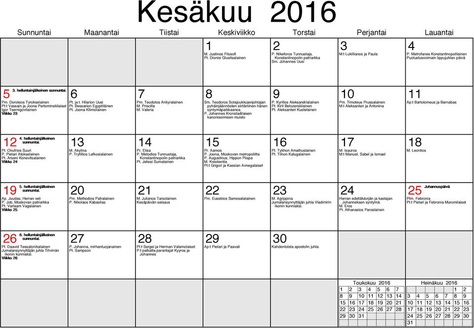 Doroteos Tyrokselainen Pt:t Vassain ja Joona Pertominskilaiset Igor Tsernigovilainen Viikko 23 Pt. ja t. Hilarion Uusi Pt. Bessarion Egyptiläinen Pt. Joona Kliimolainen Pm. Teodotos Ankyralainen M.