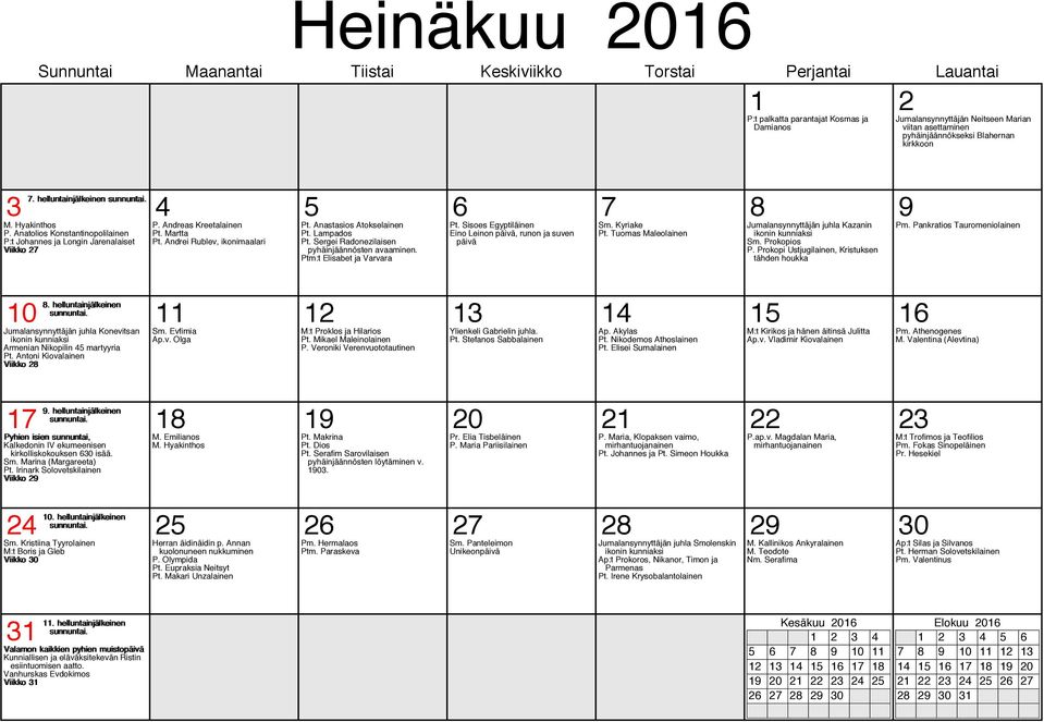 Sisoes Egyptiläinen Eino Leinon päivä, runon ja suven päivä Sm. Kyriake Pt. Tuomas Maleolainen Jumalansynnyttäjän juhla Kazanin ikonin kunniaksi Sm. Prokopios P.