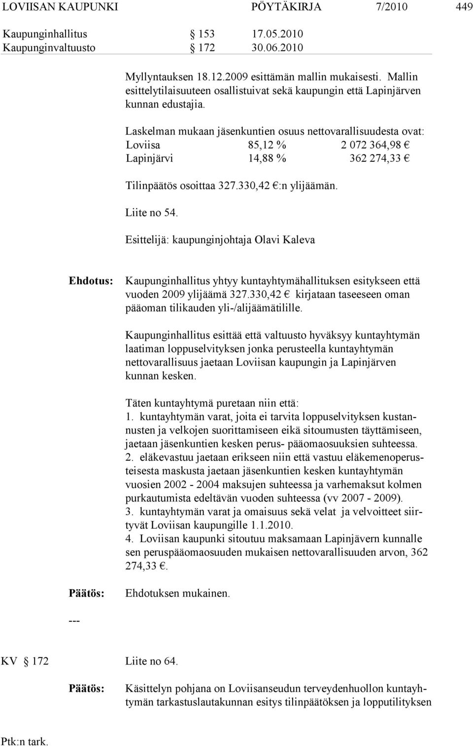 Laskelman mukaan kuntien osuus nettovarallisuudesta ovat: Loviisa 85,12 % 2 072 364,98 Lapinjärvi 14,88 % 362 274,33 Tilinpäätös osoittaa 327.330,42 :n ylijäämän. Liite no 54.