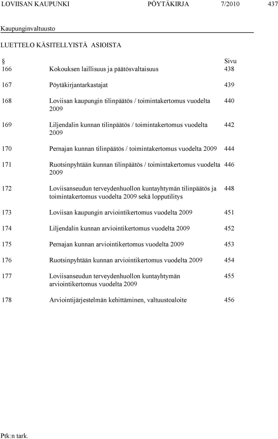 Ruotsinpyhtään kunnan tilinpäätös / toimintakertomus vuodelta 2009 172 Loviisanseudun terveydenhuollon kuntayhtymän tilinpäätös ja toimintakertomus vuodelta 2009 sekä lopputilitys 446 448 173