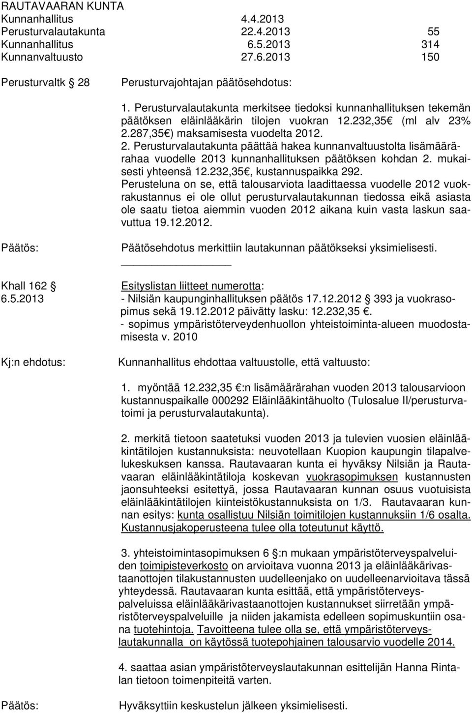 % 2.287,35 ) maksamisesta vuodelta 2012. 2. Perusturvalautakunta päättää hakea kunnanvaltuustolta lisämäärärahaa vuodelle 2013 kunnanhallituksen päätöksen kohdan 2. mukaisesti yhteensä 12.