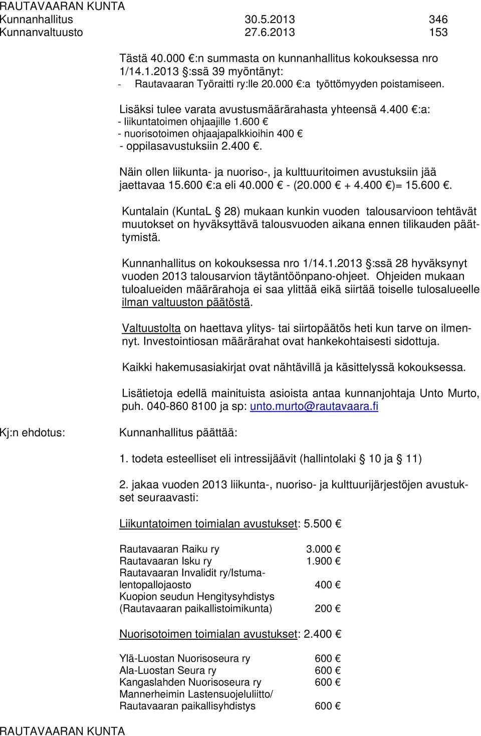600 :a eli 40.000 - (20.000 + 4.400 )= 15.600. Kuntalain (KuntaL 28) mukaan kunkin vuoden talousarvioon tehtävät muutokset on hyväksyttävä talousvuoden aikana ennen tilikauden päättymistä.