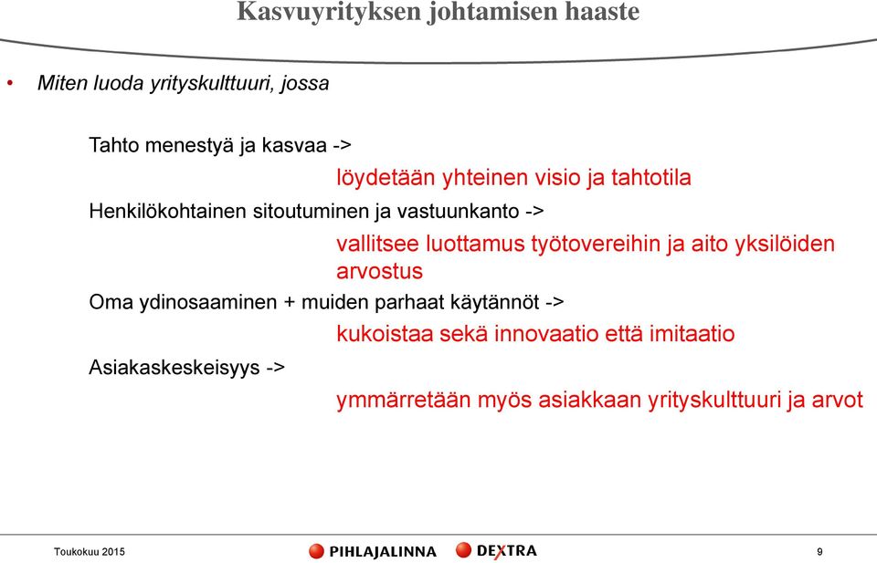 ydinosaaminen + muiden parhaat käytännöt -> Asiakaskeskeisyys -> vallitsee luottamus työtovereihin ja