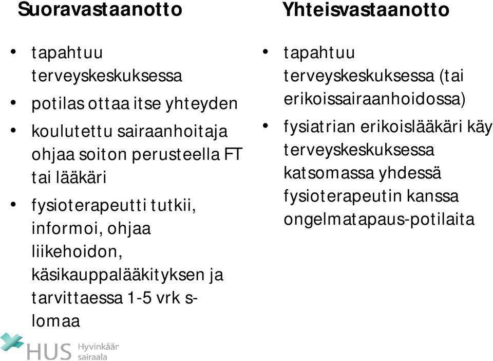 ja tarvittaessa 1-5 vrk s- lomaa Yhteisvastaanotto tapahtuu terveyskeskuksessa (tai erikoissairaanhoidossa)