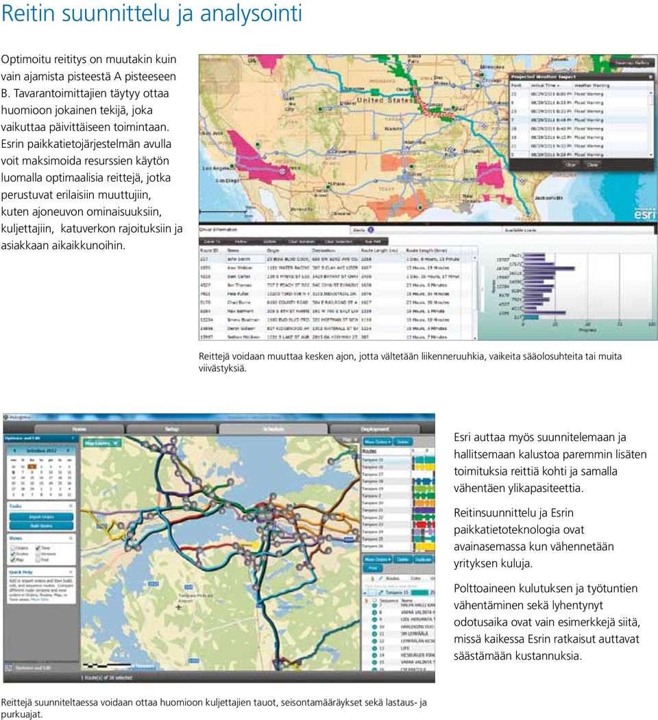 Esrin paikkatietojärjestelmän avulla voit maksimoida resurssien käytön luomalla optimaalisia reittejä, jotka perustuvat erilaisiin muuttujiin, kuten ajoneuvon ominaisuuksiin, kuljettajiin, katuverkon
