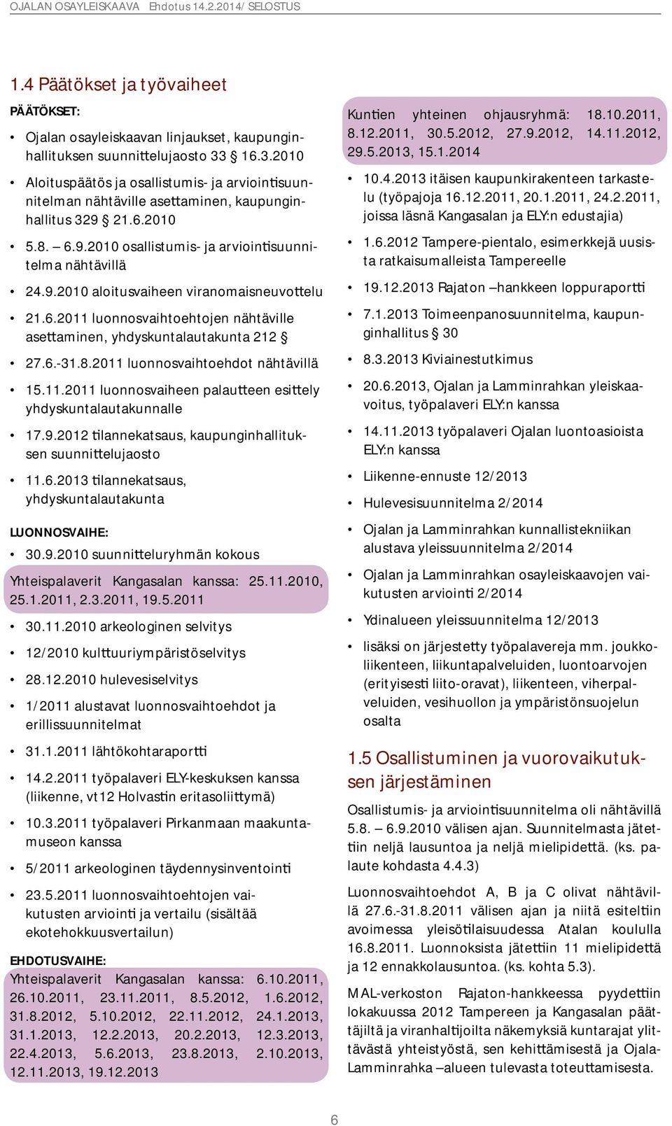 6.2011 luonnosvaihtoehtojen nähtäville ase aminen, yhdyskuntalautakunta 212 27.6.-31.8.2011 luonnosvaihtoehdot nähtävillä 15.11.2011 luonnosvaiheen palau een esi ely yhdyskuntalautakunnalle 17.9.