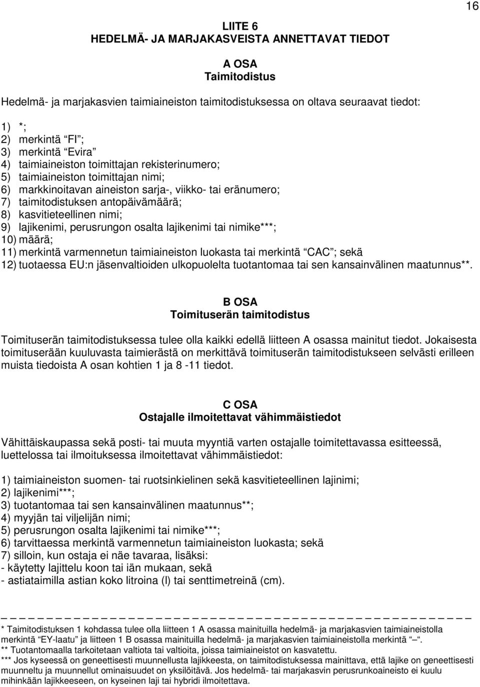 kasvitieteellinen nimi; 9) lajikenimi, perusrungon osalta lajikenimi tai nimike***; 10) määrä; 11) merkintä varmennetun taimiaineiston luokasta tai merkintä CAC ; sekä 12) tuotaessa EU:n