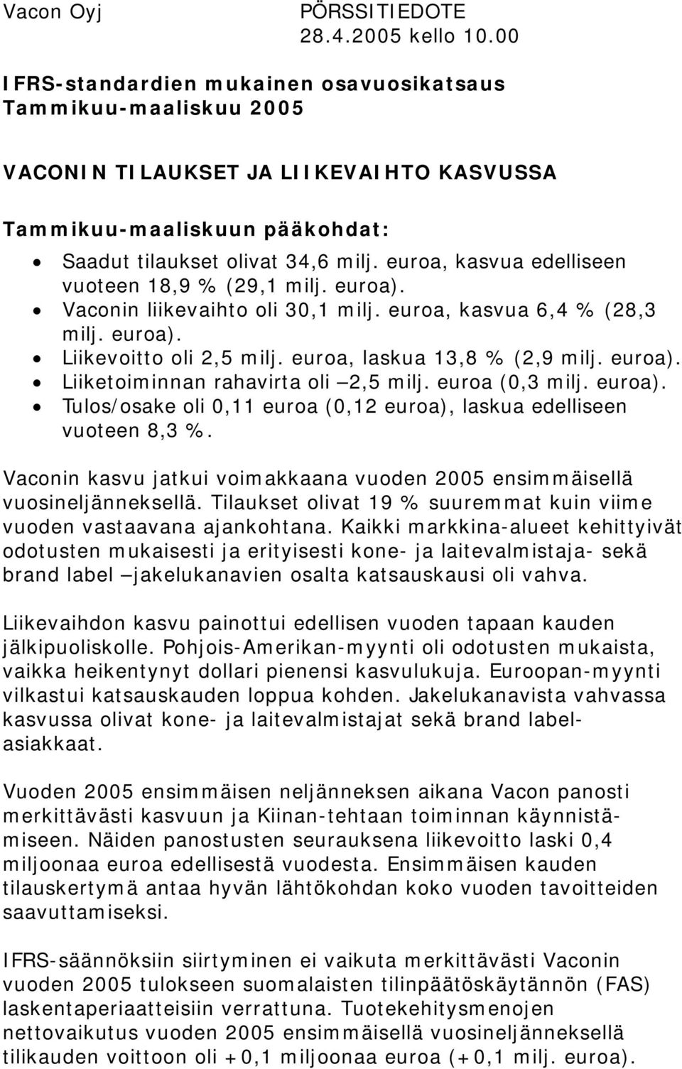 euroa, kasvua edelliseen vuoteen 18,9 % (29,1 milj. euroa). Vaconin liikevaihto oli 30,1 milj. euroa, kasvua 6,4 % (28,3 milj. euroa). Liikevoitto oli 2,5 milj. euroa, laskua 13,8 % (2,9 milj. euroa). Liiketoiminnan rahavirta oli 2,5 milj.