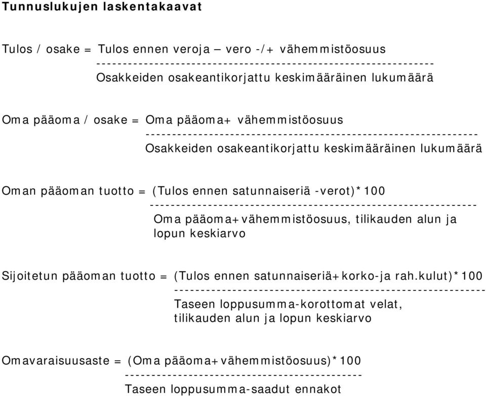 (Tulos ennen satunnaiseriä -verot)*100 -------------------------------------------------------------- Oma pääoma+vähemmistöosuus, tilikauden alun ja lopun keskiarvo Sijoitetun pääoman tuotto = (Tulos