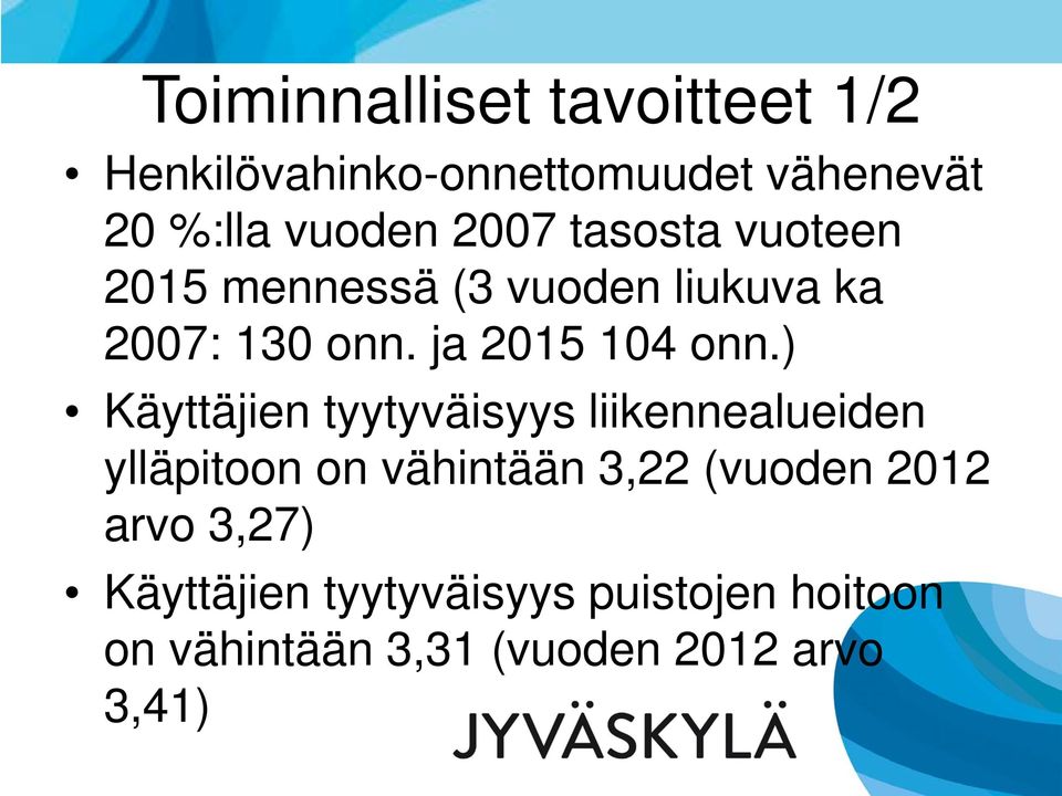 ) Käyttäjien tyytyväisyys liikennealueiden ylläpitoon on vähintään 3,22 (vuoden 2012