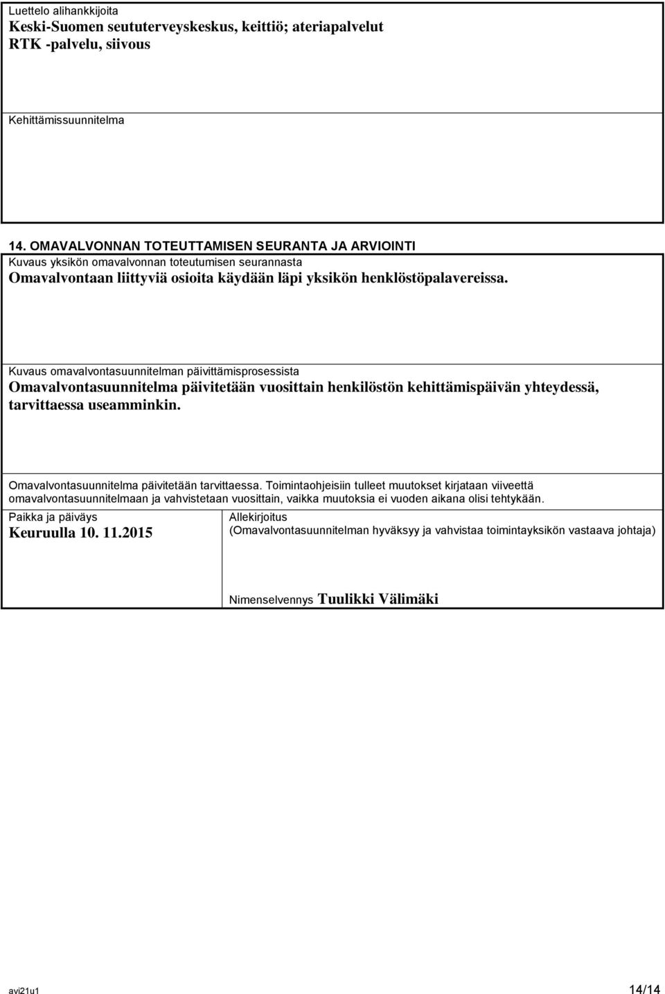 Kuvaus omavalvontasuunnitelman päivittämisprosessista Omavalvontasuunnitelma päivitetään vuosittain henkilöstön kehittämispäivän yhteydessä, tarvittaessa useamminkin.