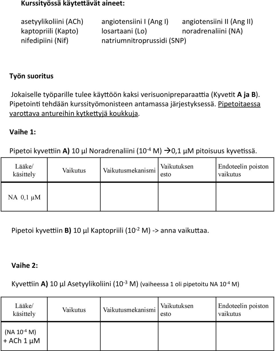 PipetoinB tehdään kurssityömonisteen antamassa järjestyksessä. Pipetoitaessa varo7ava antureihin kytke7yjä koukkuja.