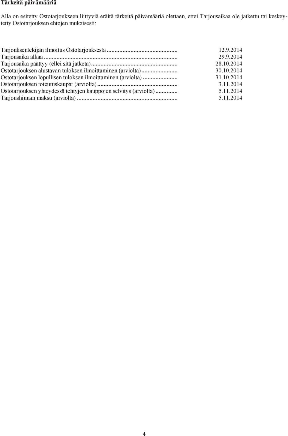 .. 28.10.2014 Ostotarjouksen alustavan tuloksen ilmoittaminen (arviolta)... 30.10.2014 Ostotarjouksen lopullisen tuloksen ilmoittaminen (arviolta)... 31.10.2014 Ostotarjouksen toteutuskaupat (arviolta).