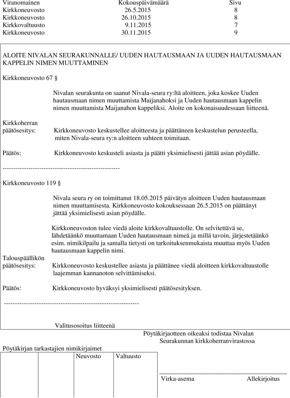 2015 9 ALOITE NIVALAN SEURAKUNNALLE/ UUDEN HAUTAUSMAAN JA UUDEN HAUTAUSMAAN KAPPELIN NIMEN MUUTTAMINEN Kirkkoneuvosto 67 Nivalan seurakunta on saanut Nivala-seura ry:ltä aloitteen, joka koskee Uuden