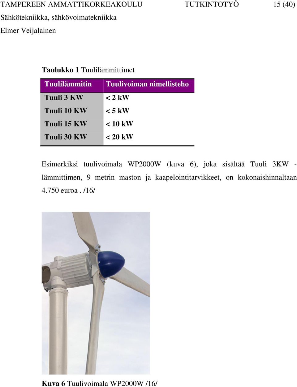 Esimerkiksi tuulivoimala WP2000W (kuva 6), joka sisältää Tuuli 3KW - lämmittimen, 9 metrin maston