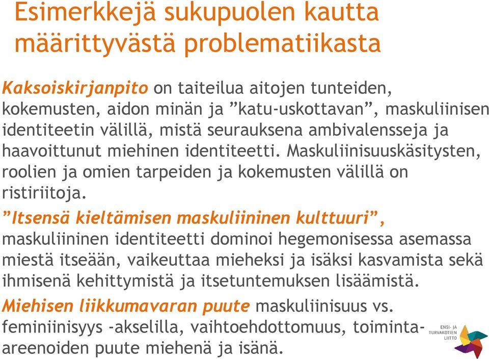 Maskuliinisuuskäsitysten, roolien ja omien tarpeiden ja kokemusten välillä on ristiriitoja.