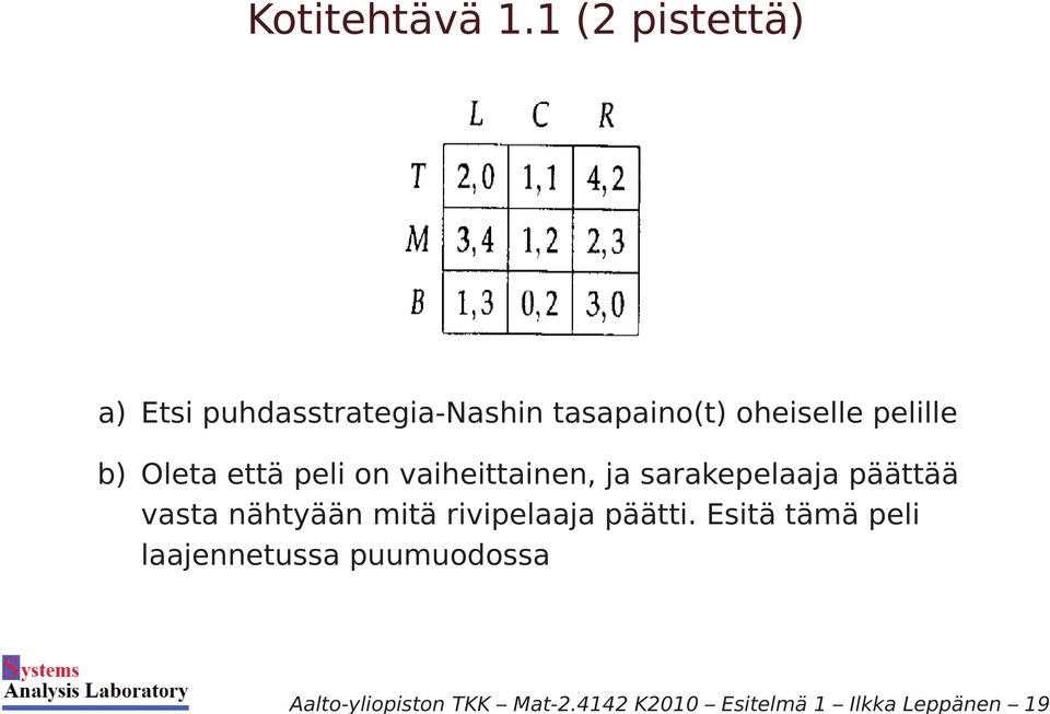 1 (2 pistettä) a) Etsi puhdasstrategia-nashin tasapaino(t) oheiselle