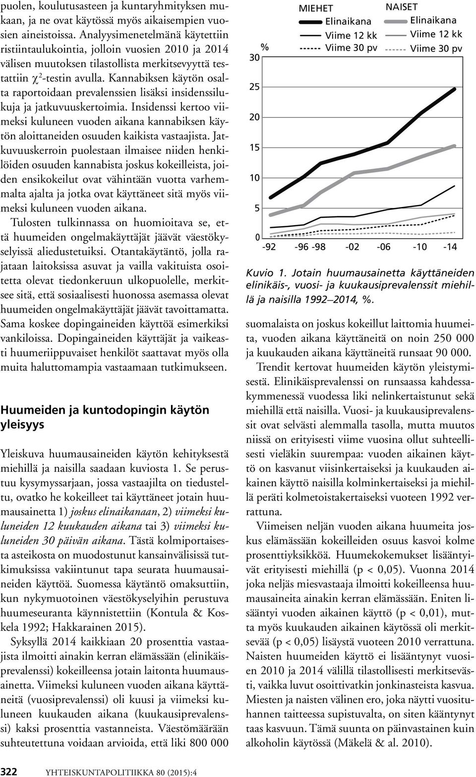 Kannabiksen käytön osalta raportoidaan prevalenssien lisäksi insidenssilukuja ja jatkuvuuskertoimia.