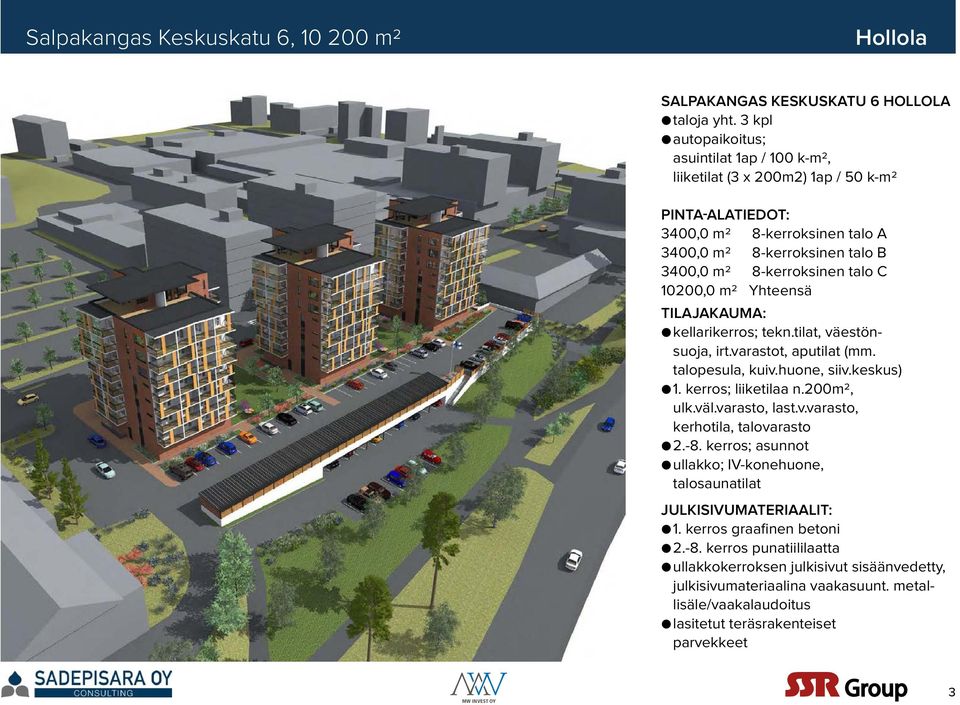 10200,0 m2 Yhteensä TILAJAKAUMA: kellarikerros; tekn.tilat, väestönsuoja, irt.varastot, aputilat (mm. talopesula, kuiv.huone, siiv.keskus) 1. kerros; liiketilaa n.200m2, ulk.väl.varasto, last.v.varasto, kerhotila, talovarasto 2.