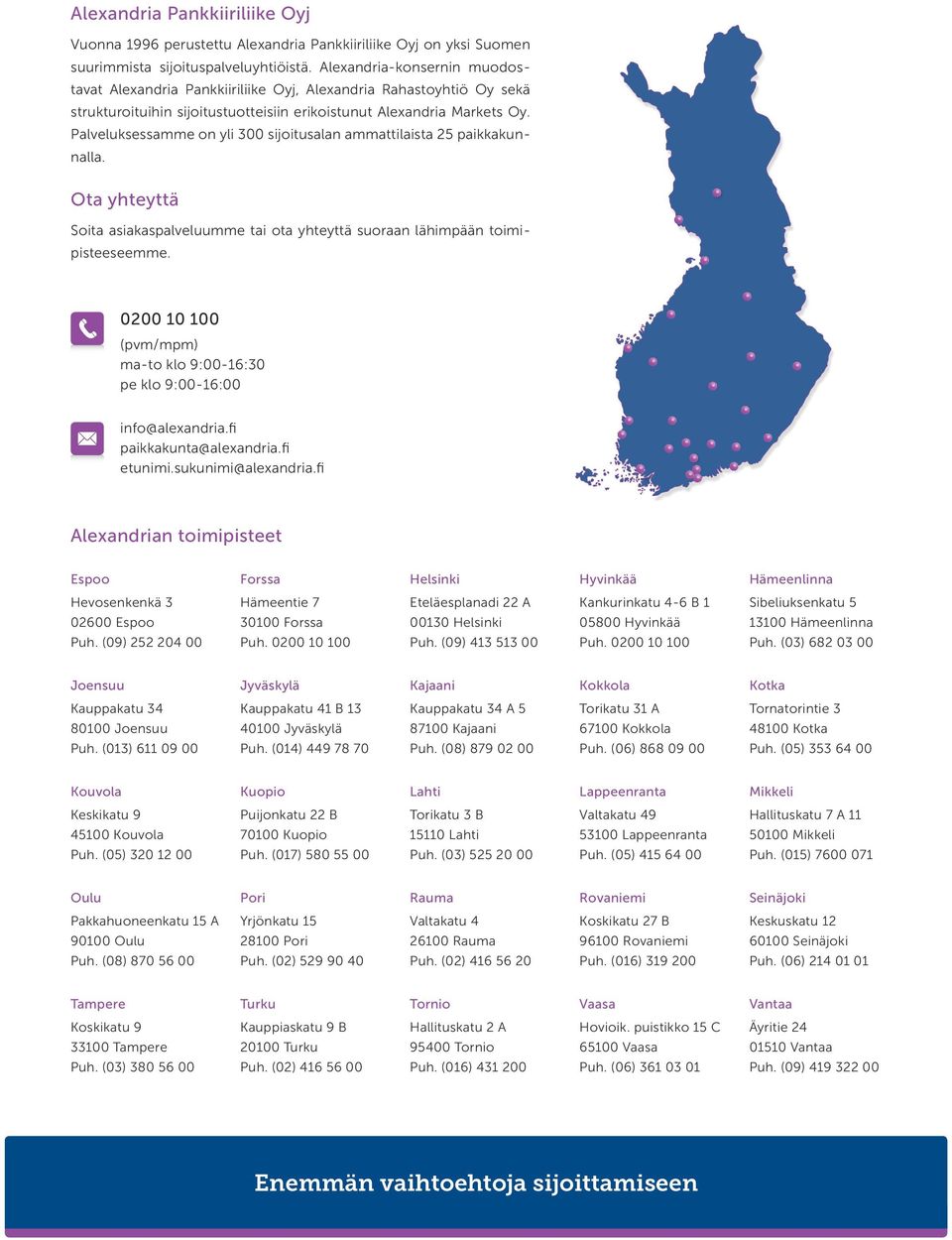 Palveluksessamme on yli 300 sijoitusalan ammattilaista 25 paikkakunnalla. Ota yhteyttä Soita asiakaspalveluumme tai ota yhteyttä suoraan lähimpään toimipisteeseemme.