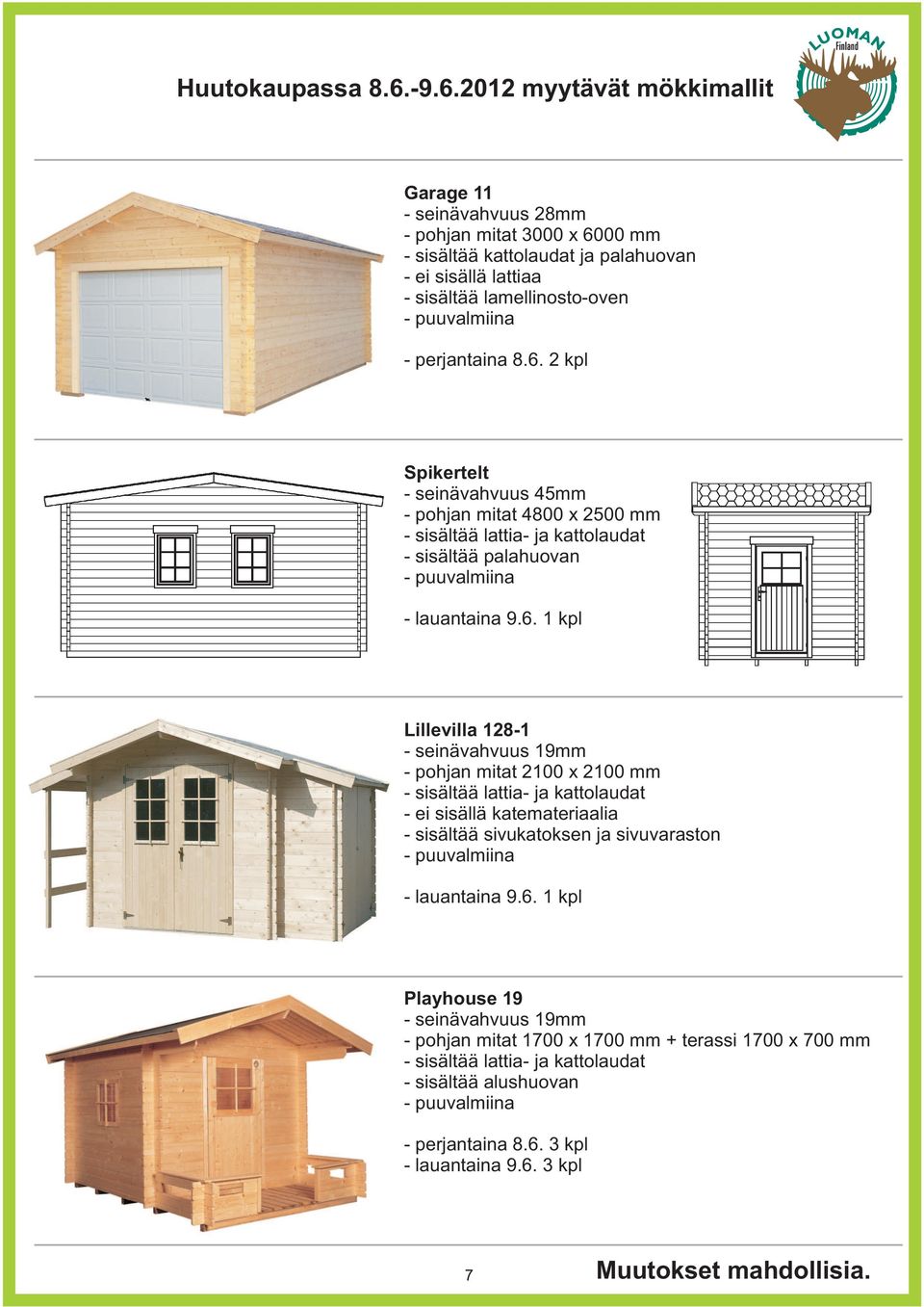 6. 1 kpl Lillevilla 128-1 - pohjan mitat 2100 x 2100 mm - ei sisällä katemateriaalia - sisältää sivukatoksen ja