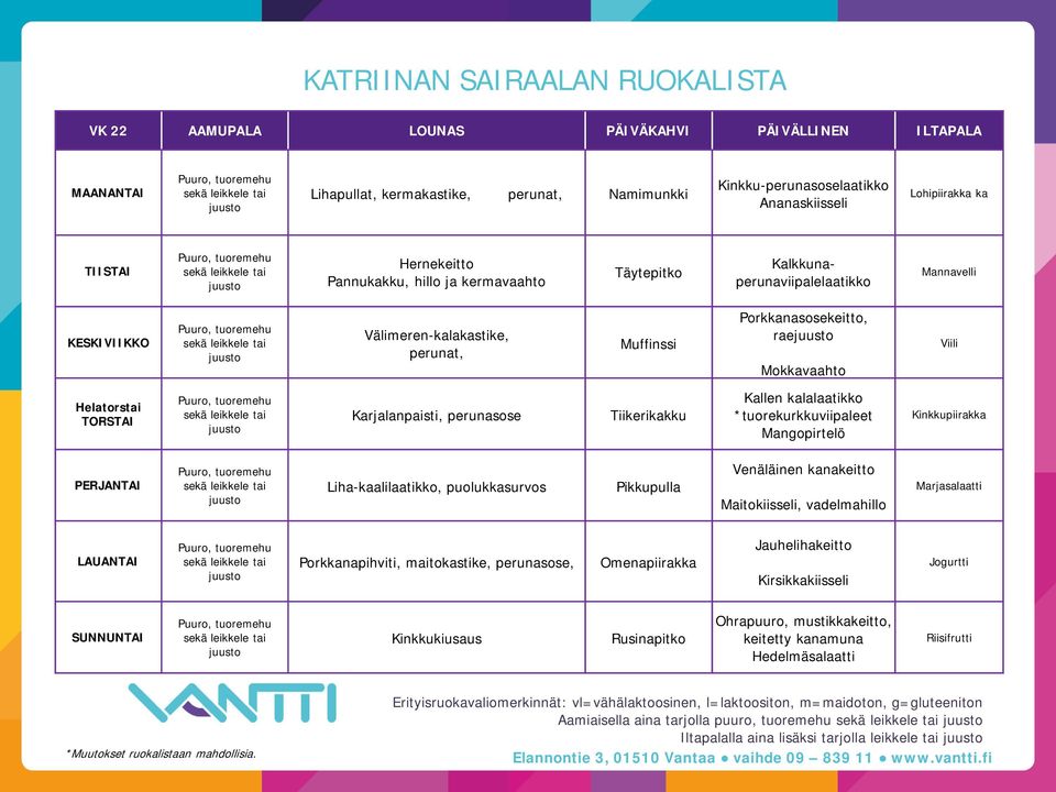 Kallen kalalaatikko *tuorekurkkuviipaleet Mangopirtelö Kinkkupiirakka Liha-kaalilaatikko, puolukkasurvos Venäläinen kanakeitto Maitokiisseli, vadelmahillo Marjasalaatti Porkkanapihviti, maitokastike,