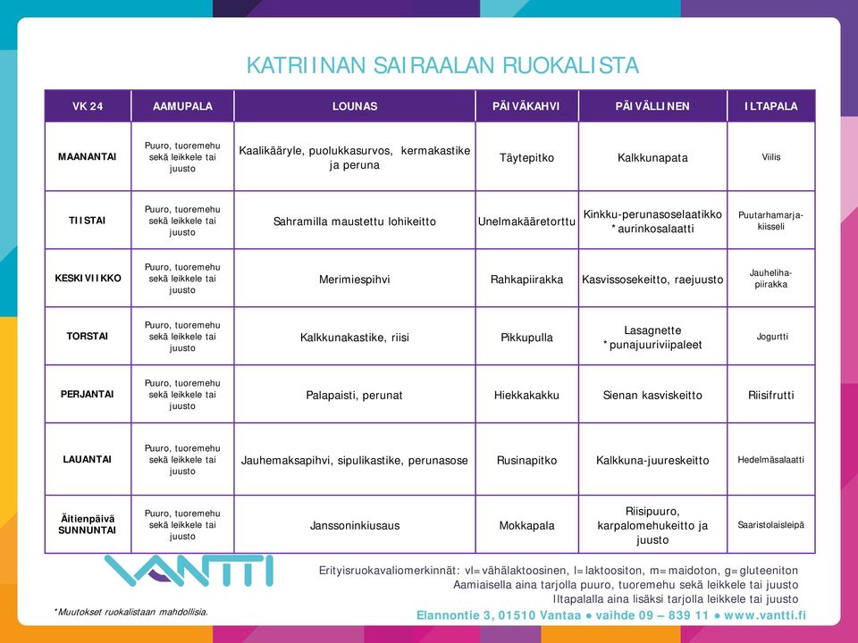 Lasagnette *punajuuriviipaleet Jogurtti Palapaisti, perunat Hiekkakakku Sienan kasviskeitto Riisifrutti Jauhemaksapihvi, sipulikastike, perunasose Rusinapitko