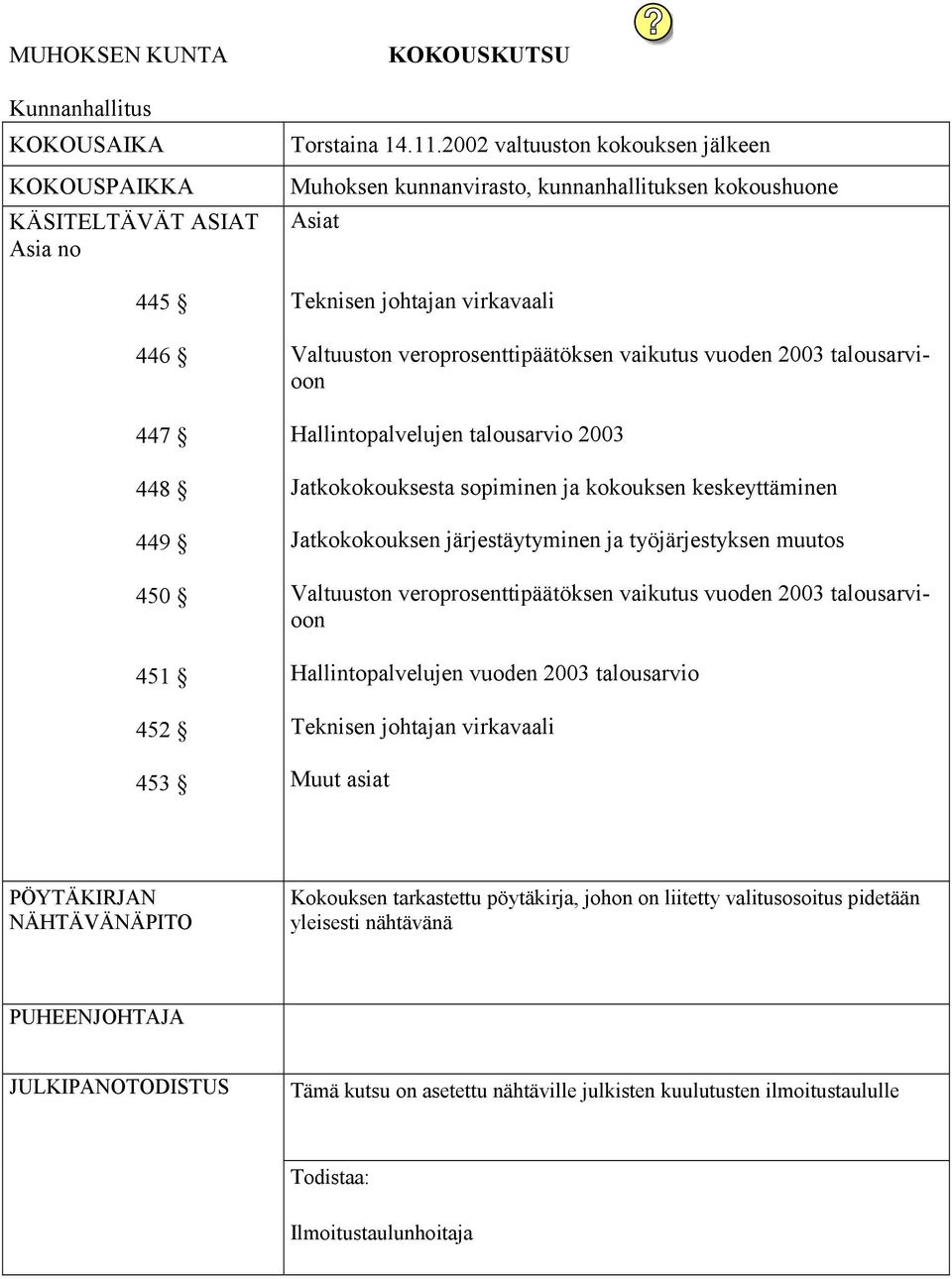 Hallintopalvelujen talousarvio 2003 Jatkokokouksesta sopiminen ja kokouksen keskeyttäminen Jatkokokouksen järjestäytyminen ja työjärjestyksen muutos Valtuuston veroprosenttipäätöksen vaikutus vuoden