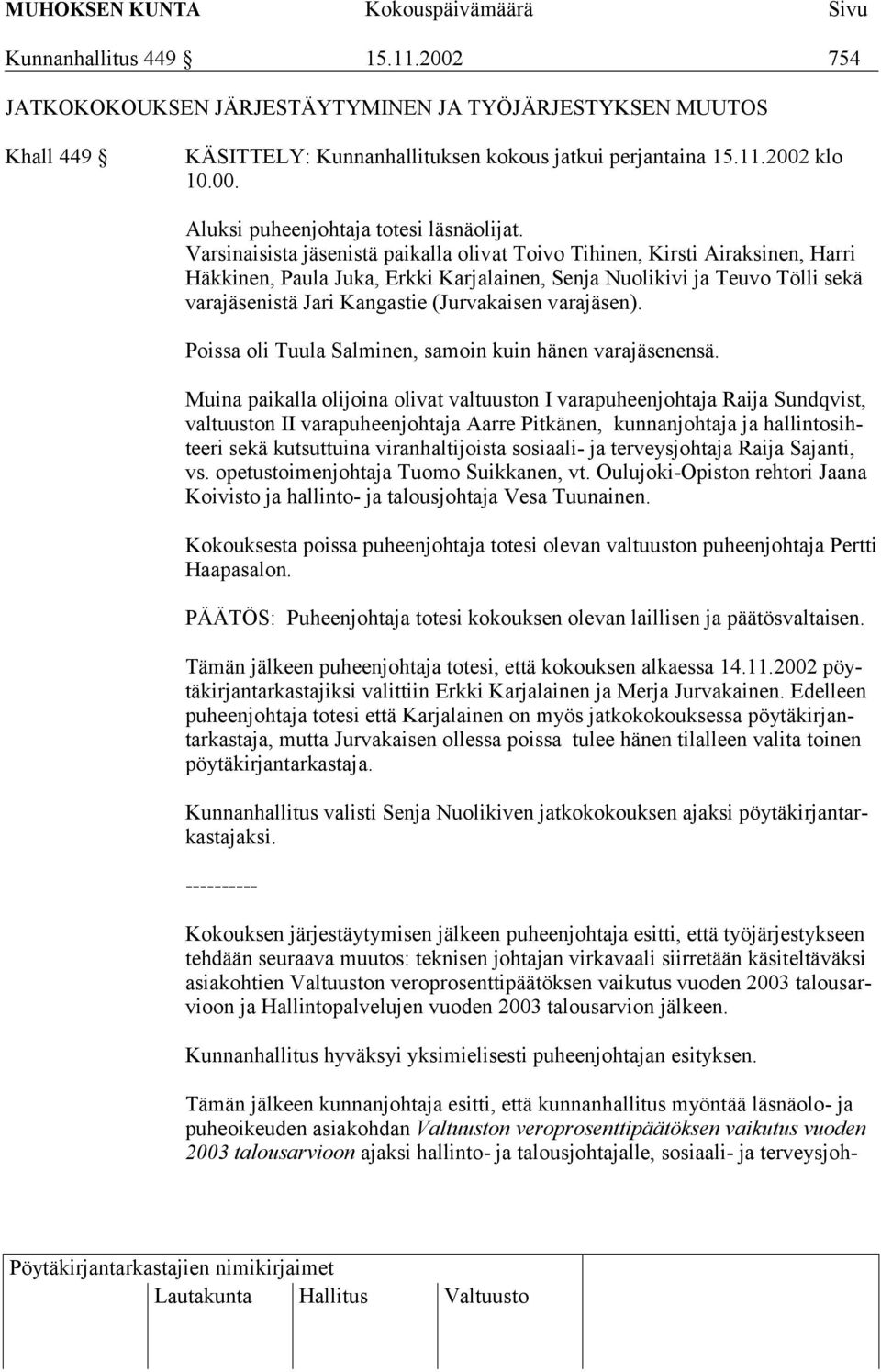 varajäsen). Poissa oli Tuula Salminen, samoin kuin hänen varajäsenensä.