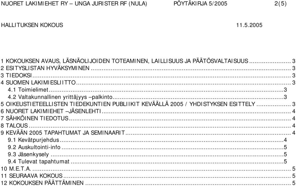 ..3 5 OIKEUSTIETEELLISTEN TIEDEKUNTIEN PUBLIIKIT KEVÄÄLLÄ 2005 / YHDISTYKSEN ESITTELY... 3 6 NUORET LAKIMIEHET JÄSENLEHTI... 4 7 SÄHKÖINEN TIEDOTUS.