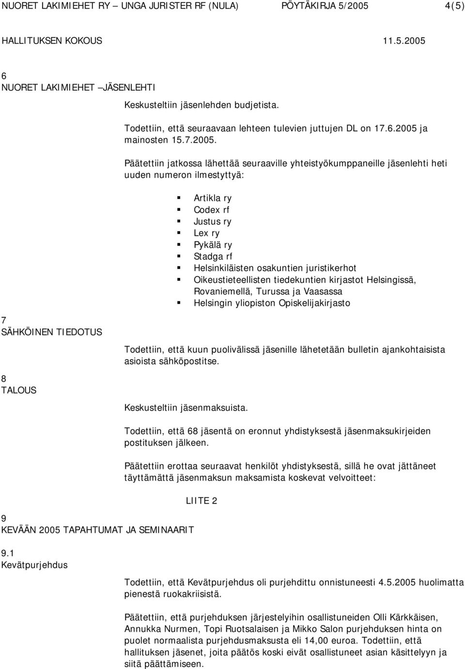 Päätettiin jatkossa lähettää seuraaville yhteistyökumppaneille jäsenlehti heti uuden numeron ilmestyttyä: 7 SÄHKÖINEN TIEDOTUS 8 TALOUS Artikla ry Codex rf Justus ry Lex ry Pykälä ry Stadga rf