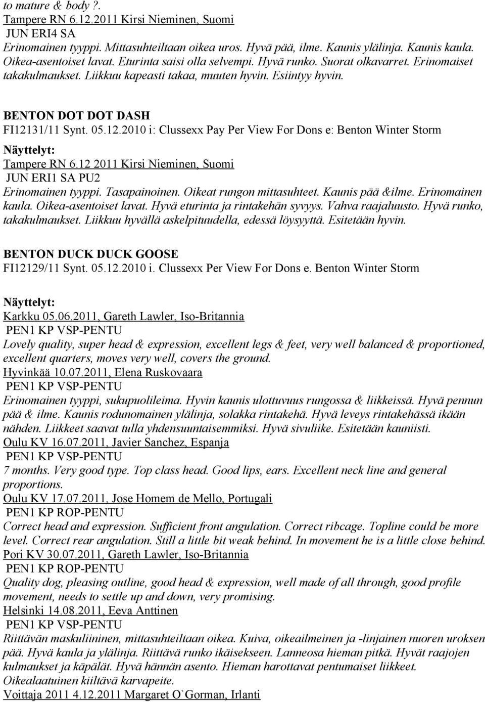 31/11 Synt. 05.12.2010 i: Clussexx Pay Per View For Dons e: Benton Winter Storm Tampere RN 6.12 2011 Kirsi Nieminen, Suomi JUN ERI1 SA PU2 Erinomainen tyyppi. Tasapainoinen.