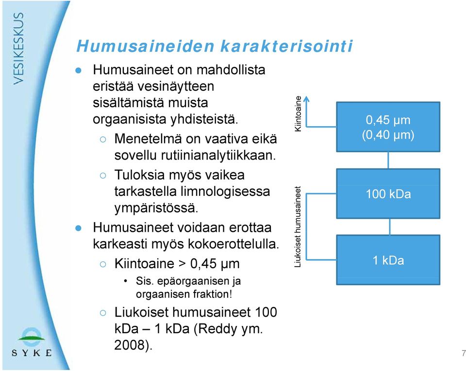 Tuloksia myös vaikea tarkastella limnologisessa ympäristössä. Humusaineet voidaan erottaa karkeasti myös kokoerottelulla.