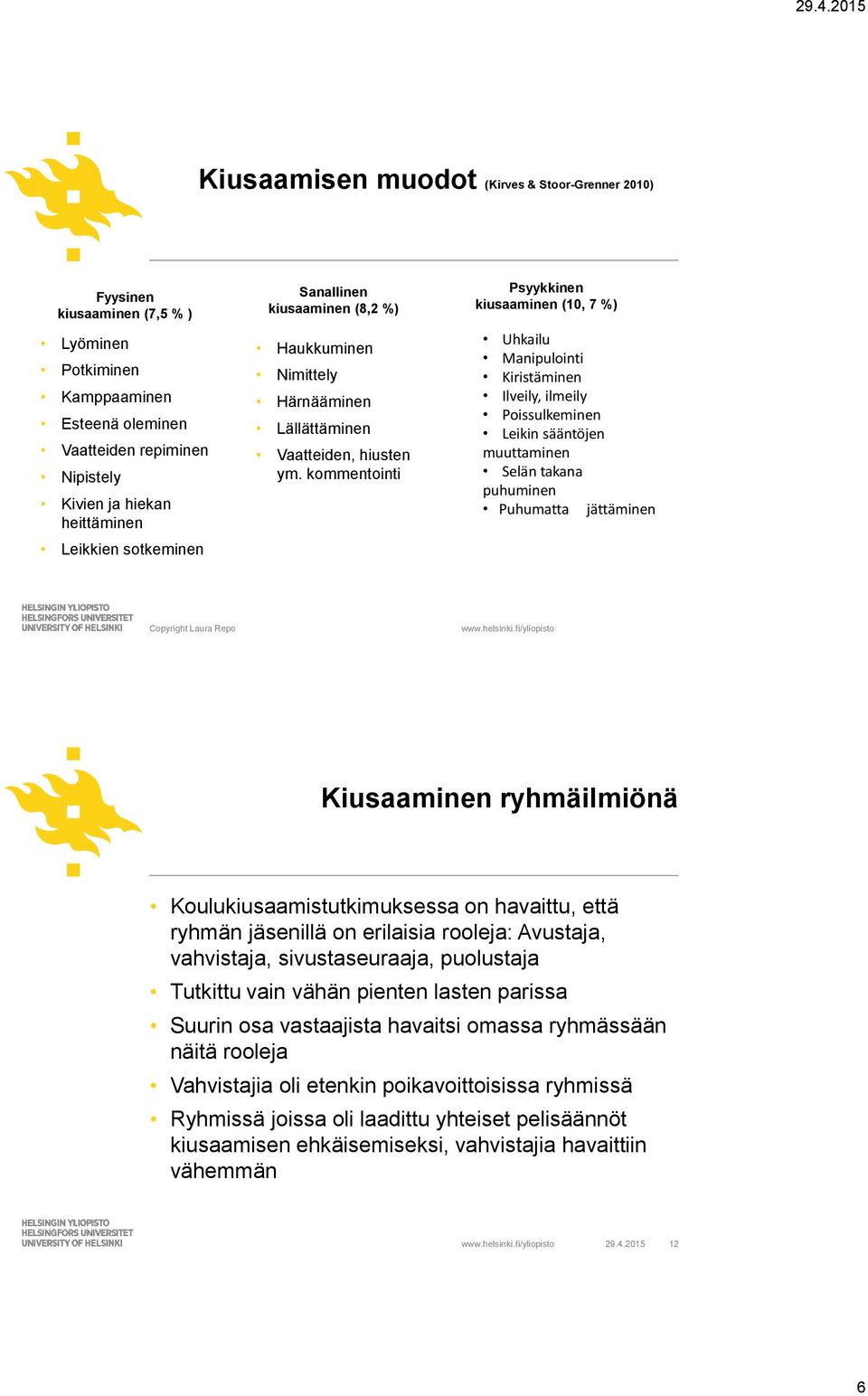 kommentointi Psyykkinen kiusaaminen (10, 7 %) Uhkailu Manipulointi Kiristäminen Ilveily, ilmeily Poissulkeminen Leikin sääntöjen muuttaminen Selän takana puhuminen Puhumatta jättäminen Copyright