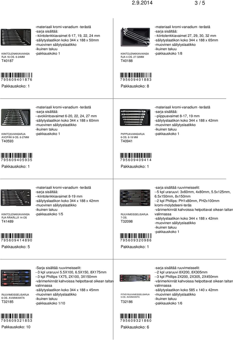 6-27MM T40593 --avokiintoavaimet 6-20, 22, 24, 27 mm -säilytyslaatikon koko 344 x 188 x 60mm PIIPPUAVAINSARJA 6-OS.