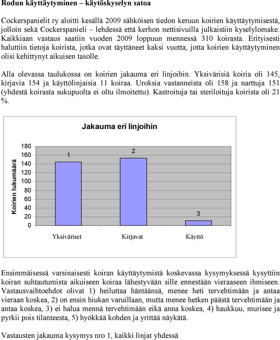 Erityisesti haluttiin tietoja koirista, jotka ovat täyttäneet kaksi vuotta, jotta koirien käyttäytyminen olisi kehittynyt aikuisen tasolle. Alla olevassa taulukossa on koirien jakauma eri linjoihin.