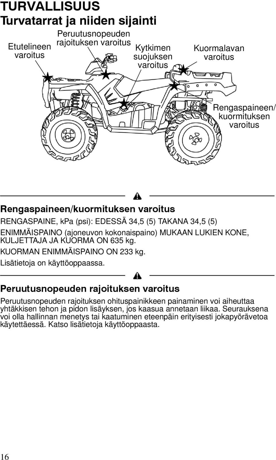 635 kg. KUORMAN ENIMMÄISPAINO ON 233 kg. Lisätietoja on käyttöoppaassa.
